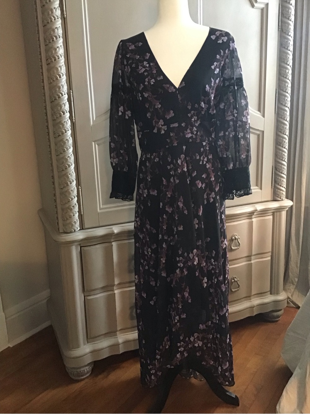 Black Floral V-Neck Maxi Dress with Purple Print